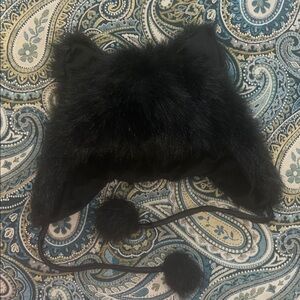 Black Furry Cat Ear Hat with Pom Poms